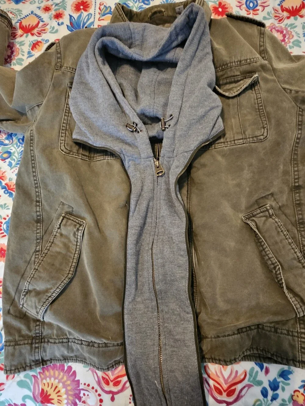 Levi Strauss Mens M Layered Hooded Canvas Trucker Jacket Washed Olive Green